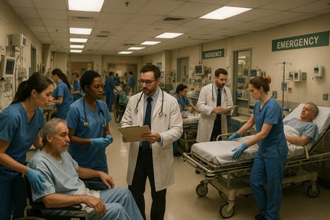 The image captures a bustling emergency department within a hospital teeming with activity and urgency Nurses are actively tending to patients some in wheelchairs or on stretchers while doctors are intently reviewing charts and discussing cases their